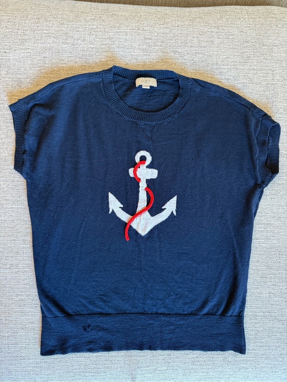 LOFT Outlet Navy Anchor Nautical Top S 100% Cotton Coastal Preppy
